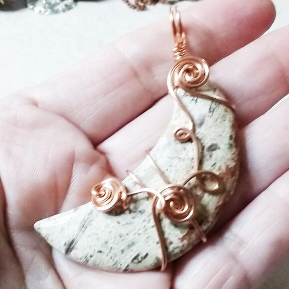 Speckled Crescent Jasper Stone Moon ~ Cream + Tan Colors! Copper Wire Wrapping - Picture 5 of 11